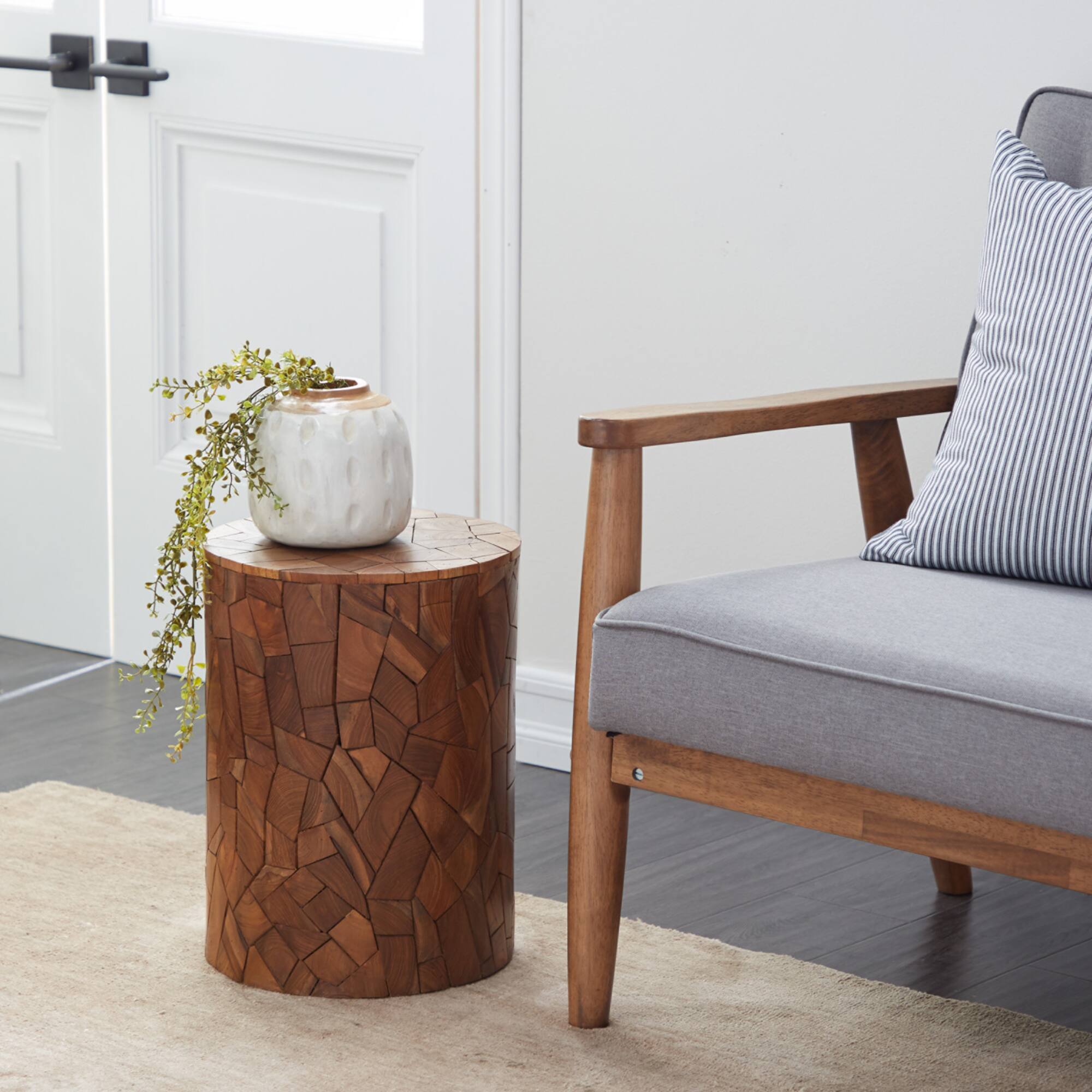 16.5" Round Block-Style Brown Teak Wood Mosaic Side Table
